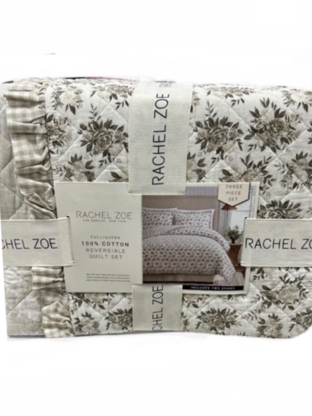 Rachel Zoe Full/Queen Brown and White Floral Cotton Reversible Quilt Set 88”x92”